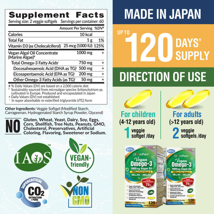LABO OmaxPure Vegan Omega-3 Algae Oil, IAOS-Certified Algae Oil As Good As Fish Oil High DHA EPA for Heart Eye Brain Joint Health - Lifestream Group US