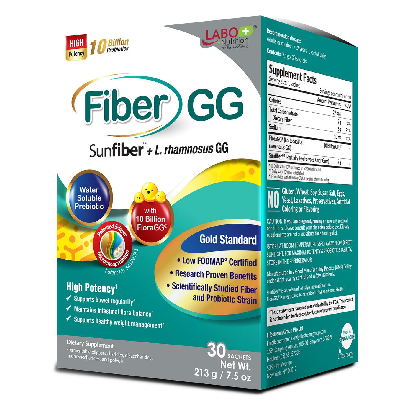 LABO Nutrition FiberGG, Lactobacillus Rhamnosus GG 10 Billion CFU Active Probiotics and 7g Sunfiber Prebiotic Fiber Supplement, Support Healthy Intestinal, Immune Health, Gluten Free, 30 Sachets - Lifestream Group US