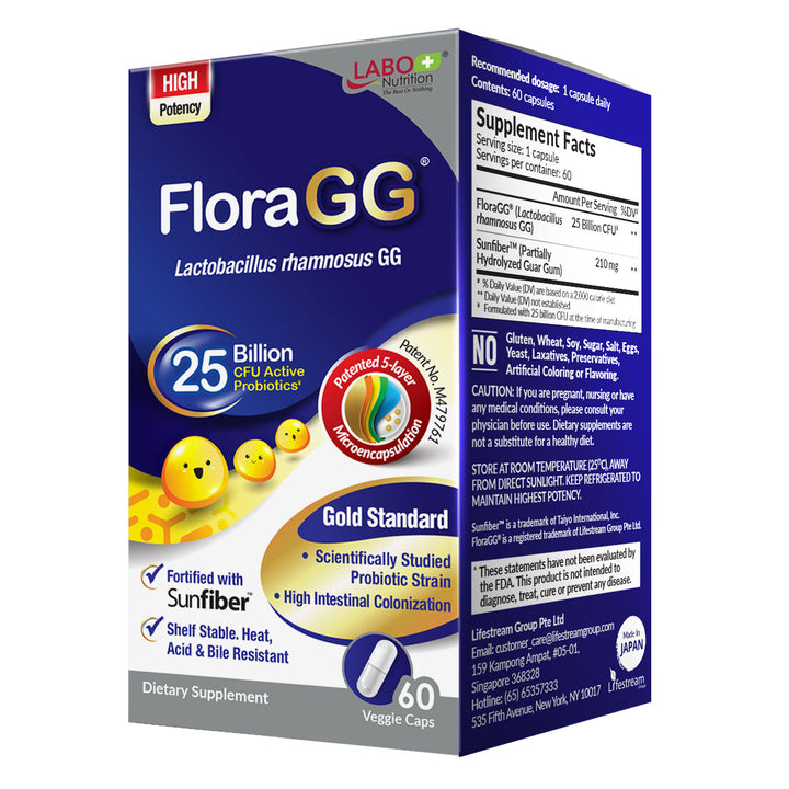 LABO Nutrition FloraGG, Lactobacillus Rhamnosus GG 25 Billion CFU Active Probiotics and Sunfiber Prebiotic Fiber Supplement, Support Healthy Intestinal, Immune Health| Non-GMO &amp; Gluten Free – 60s - Lifestream Group US
