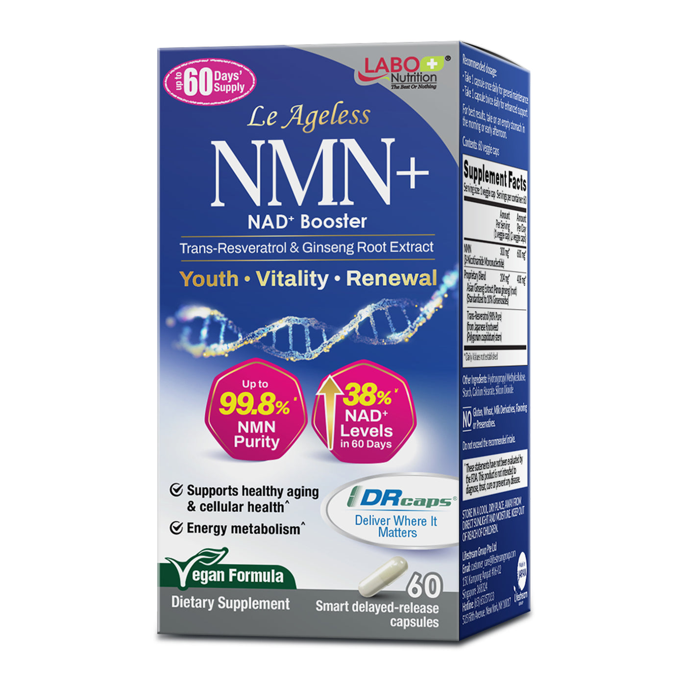 LABO Nutrition Le Ageless NMN+ with NAD+ Boosters for Anti Aging Vitality Energy Metabolism Brain Heart Sleep 60 capsules