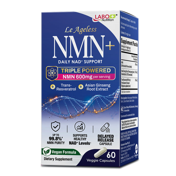 LABO Nutrition Le Ageless NMN+ Supplement with 99.8% Pure NMN (600mg), Trans-Resveratrol &amp; Asian Ginseng — for Healthy Aging and Cellular Energy Support — 60 Acid-Resistant Capsules, Made in Japan