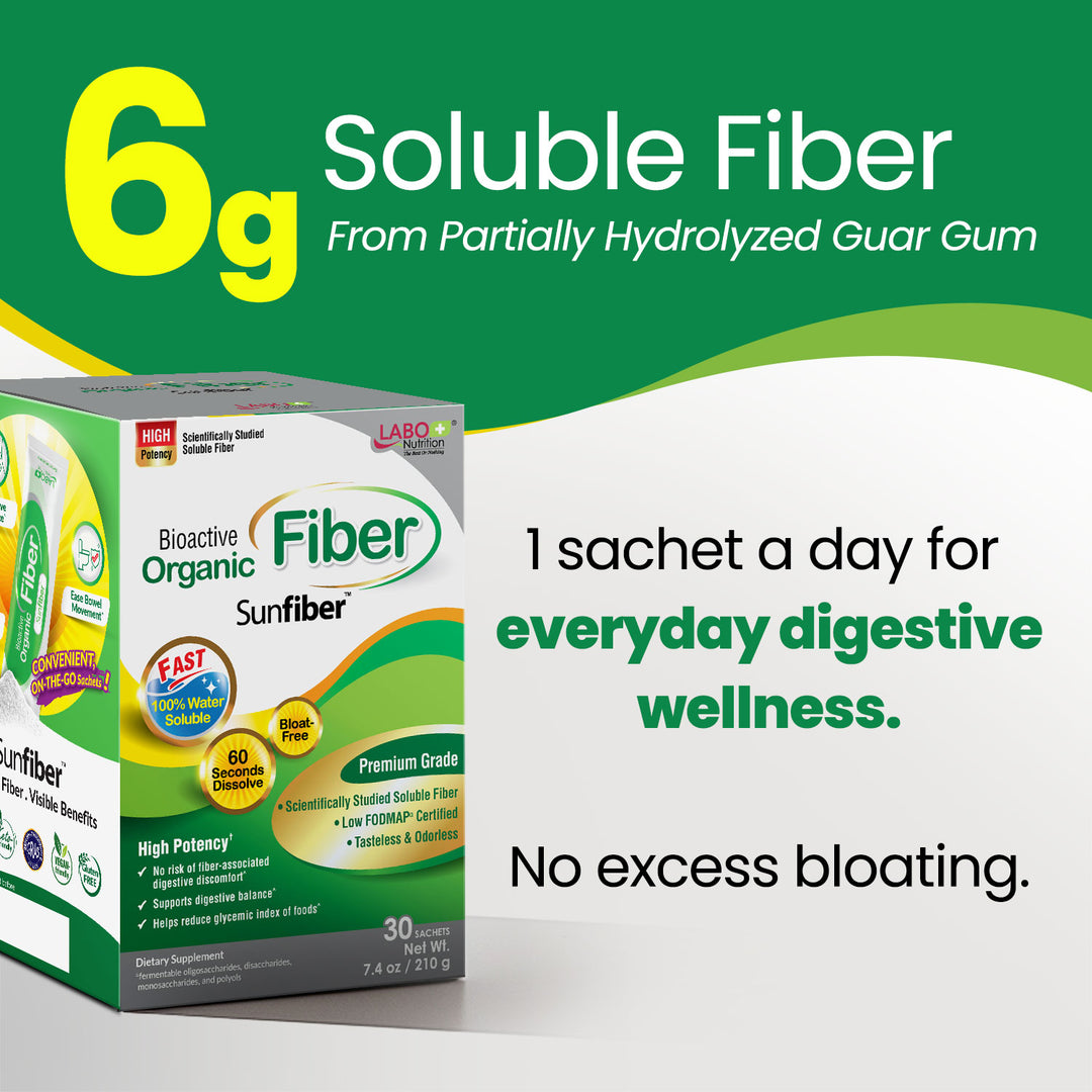 LABO Nutrition Bioactive Organic Fiber – Sunfiber PHGG Prebiotic Fiber for Digestive Regularity &amp; Gut Health, 30 Sachets