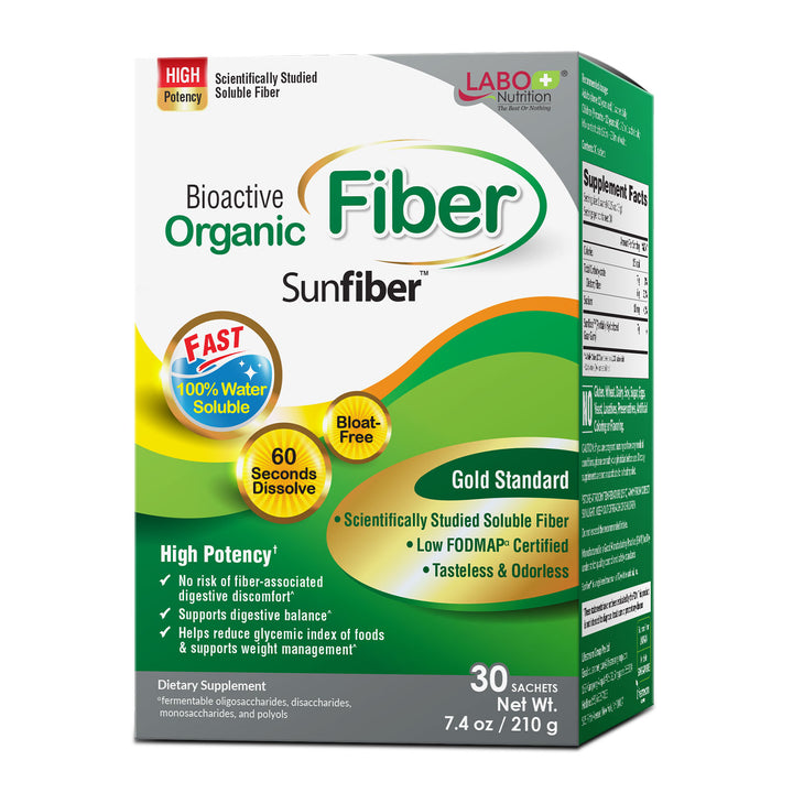 LABO Nutrition Bioactive Organic Fiber – Sunfiber PHGG Soluble Prebiotic Fiber for Digestive Regularity &amp; Gut Health – Partially Hydrolyzed Guar Gum, Low FODMAP, Unflavored, Vegan, Non-GMO, 30 Sachets - Lifestream Group US
