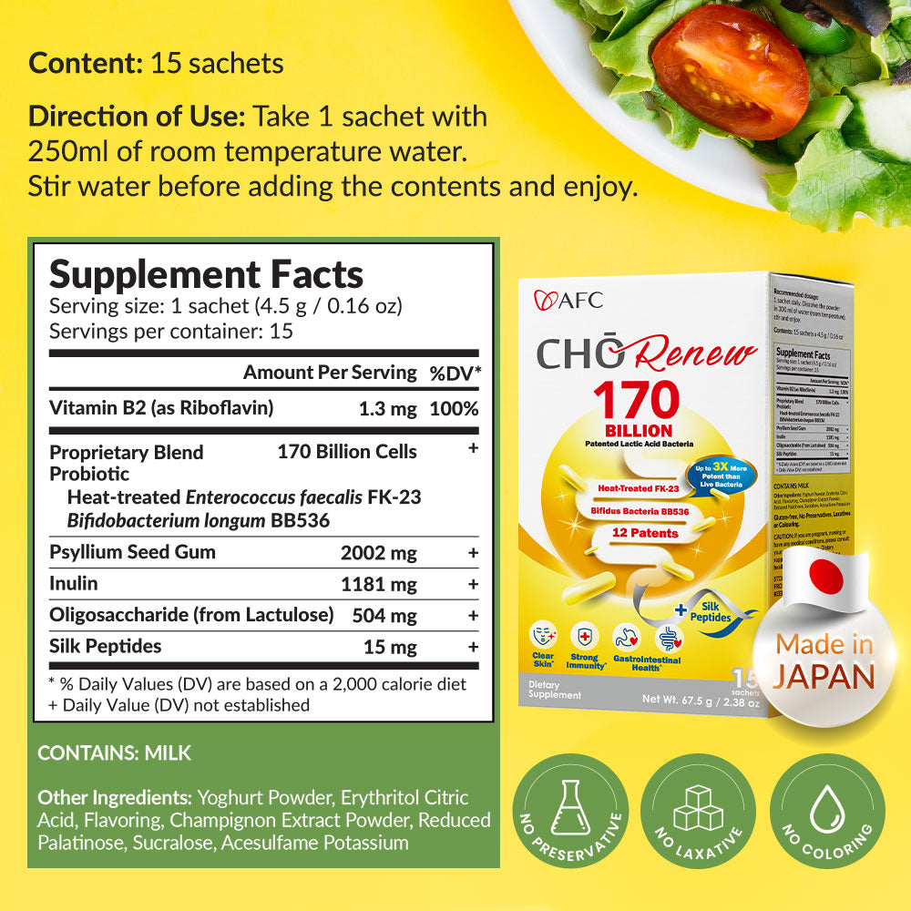 AFC 日本 Cho Renew -1700 亿专利益生菌，功效提高 3 倍，含丝肽和纤维，使皮肤更洁净，抗胃酸