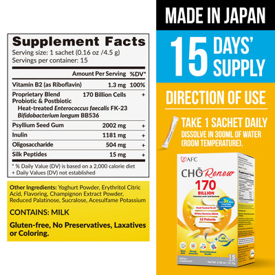 AFC 日本 Cho Renew纤畅整肠素 - 1700 亿专利益生菌 蚕丝肽 - 净肤祛痘，洁净肠道及免疫健康