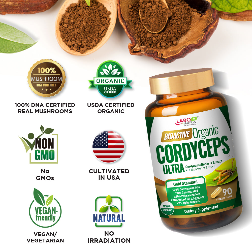 LABO Nutrition Bioactive Organic Cordyceps Ultra—7 Mushroom Extracts—Respiratory Health