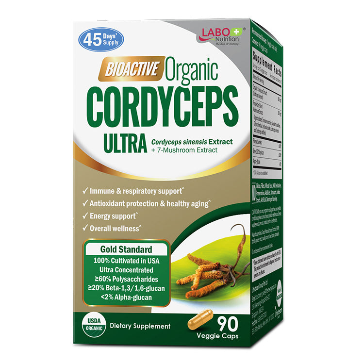 LABO Nutrition Bioactive Organic Cordyceps Ultra—7 Mushroom Extracts—Respiratory Health