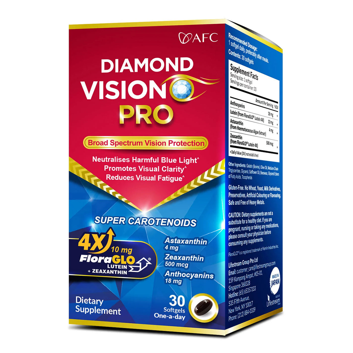 AFC Japan Diamond Vision PRO 4X - Eye Formula with FloraGLO Lutein 4X, Zeaxanthin & Astaxanthin, for Eye Strain, Eye Fatigue, Blurry & Poor Vision - Lifestream Group US