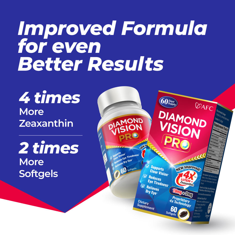 AFC Japan Diamond Vision PRO 4X - Vision Formula with Lutein 4X, Zeaxanthin, Astaxanthin & Bilberry Extract for Strain, Fatigue, Blurry & Poor Vision, Dryness, Vision Health, 60 Counts