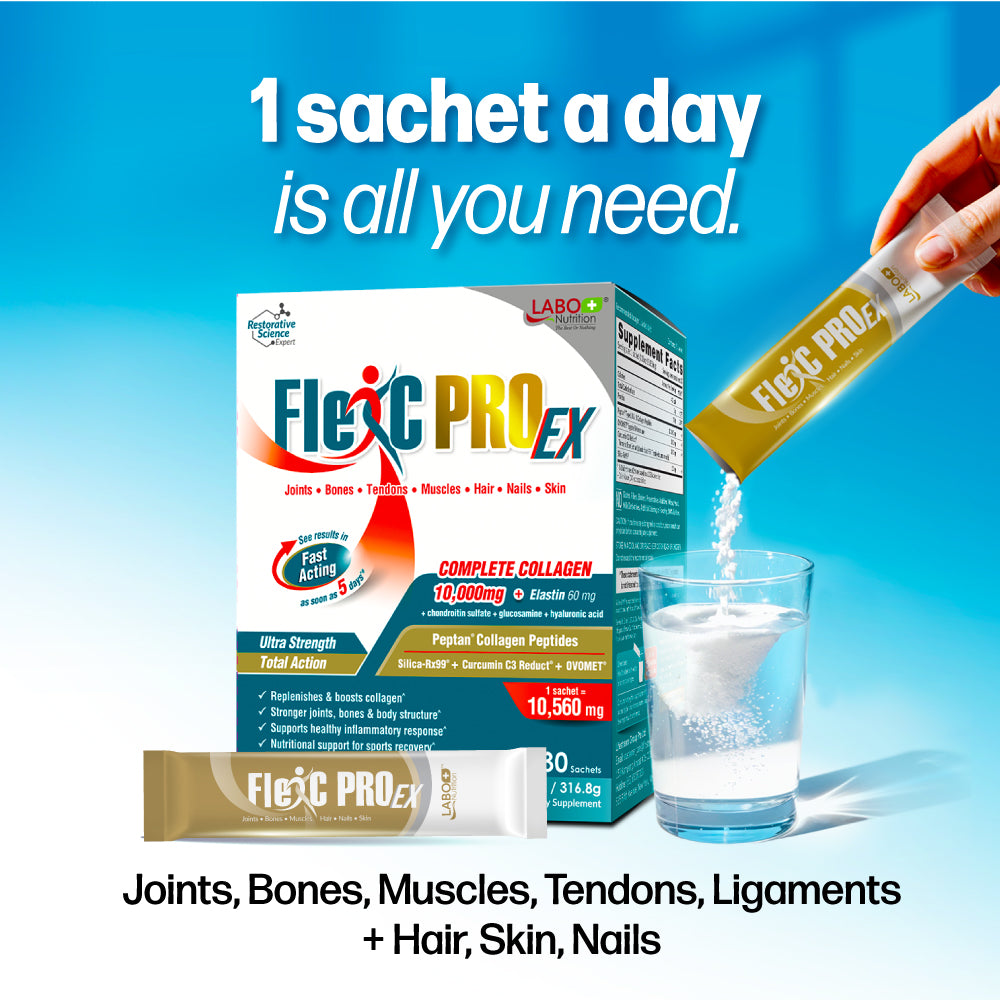 LABO Nutrition FlexC PRO EX with Peptan Type I & III Collagen Peptide, Ovomet Eggshell Membrane, Water Soluble Silica & Curcumin C3 Reduct, for Joints, Bones, Muscles, Tendons, Ligaments - Lifestream Group US