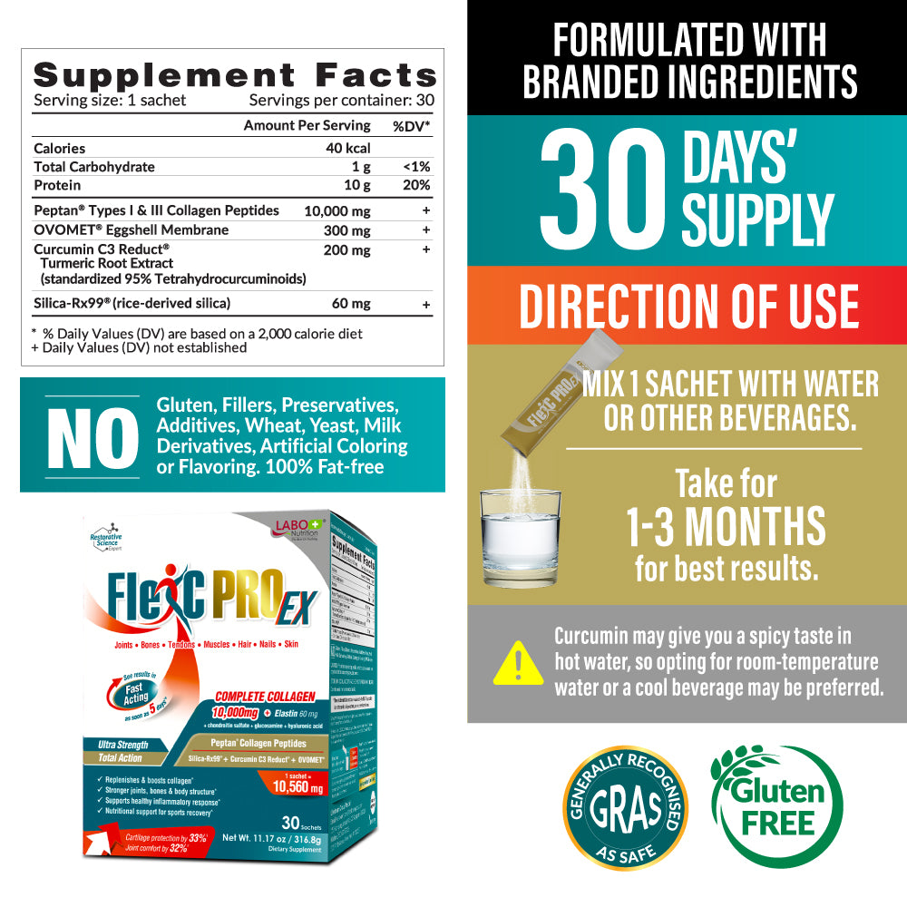 LABO Nutrition FlexC PRO EX with Peptan Type I &amp; III Collagen Peptide, Ovomet Eggshell Membrane, Water Soluble Silica &amp; Curcumin C3 Reduct, for Joints, Bones, Muscles, Tendons, Ligaments - Lifestream Group US