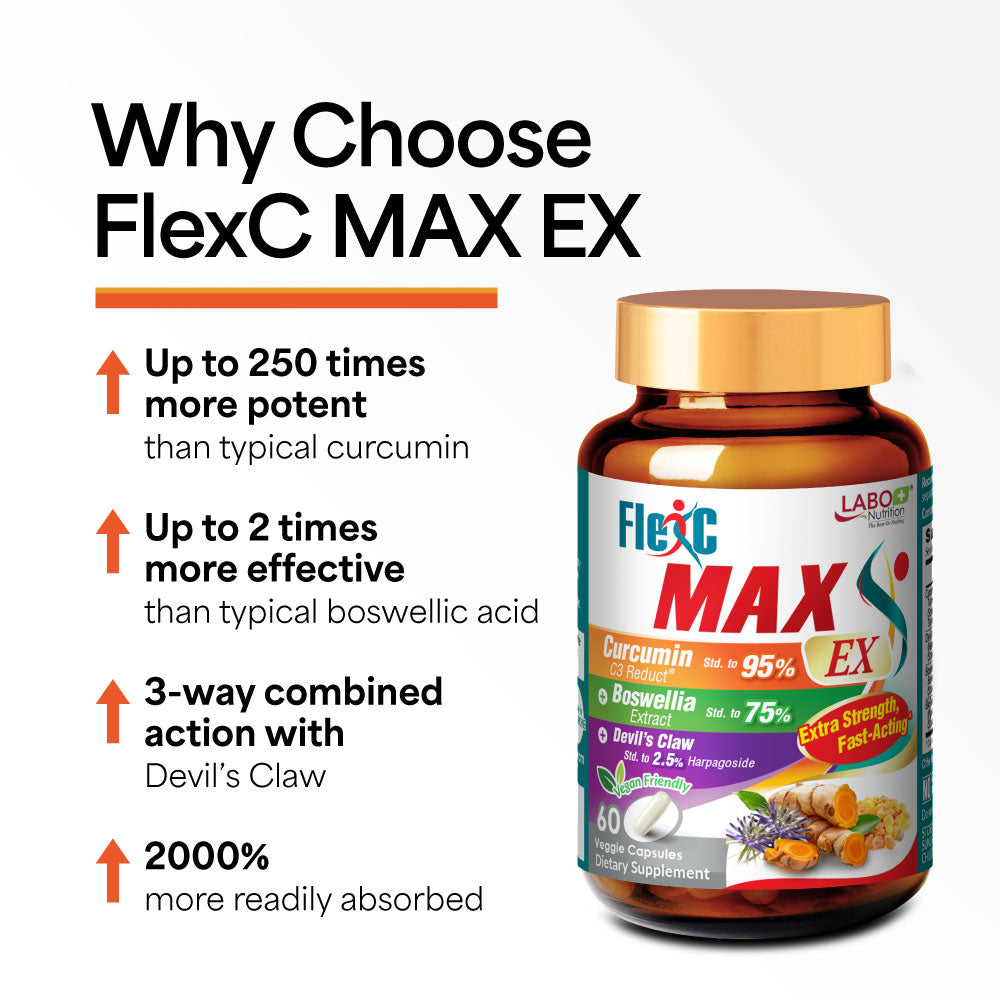 LABO Nutrition FlexC MAX EX with Turmeric Curcumin C3 Reduct 95% Tetrahydrocurcuminoids, Bioperine, Boswellia Extract &amp; Devil’s Claw, Effective Antioxidation, Joint &amp; Body Discomfort Relief - Lifestream Group US