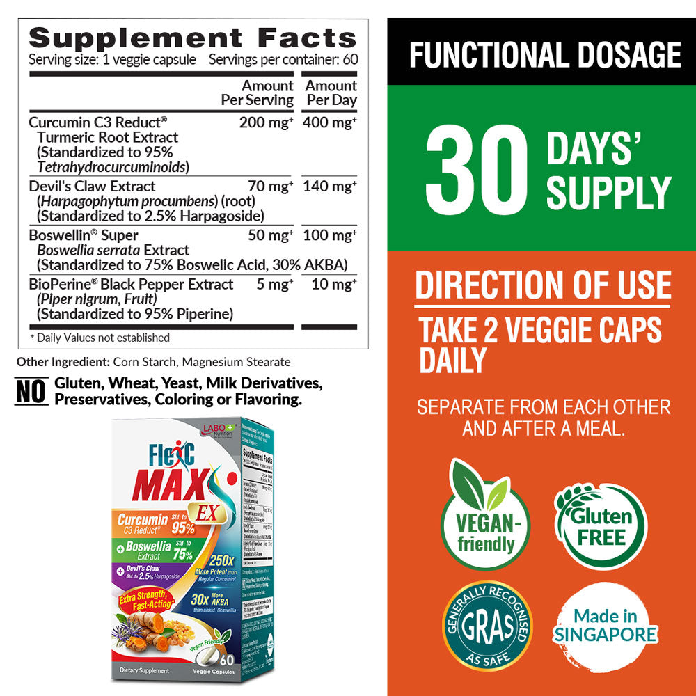 LABO Nutrition FlexC MAX EX with Turmeric Curcumin C3 Reduct 95% Tetrahydrocurcuminoids, Bioperine, Boswellia Extract &amp; Devil’s Claw, Effective Antioxidation, Joint &amp; Body Discomfort Relief - Lifestream Group US