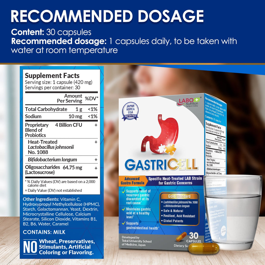 LABO Nutrition GASTRICELL - Eliminate H. Pylori, Relieve Acid Reflux &amp; Heartburn, Regulate Gastric Acid, Natural Treatment, Target The Root Cause of Recurring Gastric Problems, Probiotic, 30 Capsules - Lifestream Group US