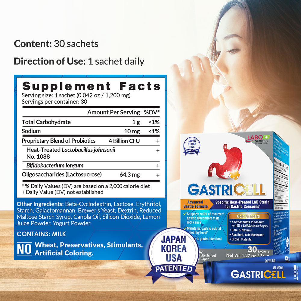 LABO GastriCELL Sachet 善胃仙-For Stomach Gastric &amp; H. Pylori-Acid Reflux Heartburn Bloat Indigestion - Lifestream Group US