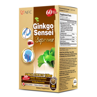 AFC Japan Ginkgo Sensei Supreme - Extra Strength 120mg Standardized Ginkgo Biloba Extract, Tri-Bioflavonoids, Lecithin, GABA & Brahmi, Brain Function - Lifestream Group US