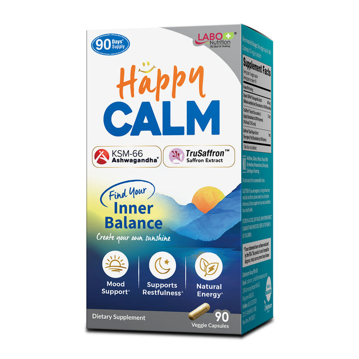 LABO Nutrition HappyCalm Stress &amp; Sleep Support Supplement – KSM-66 Ashwagandha, Saffron Extract &amp; Black Pepper, 90 Vegan Capsules