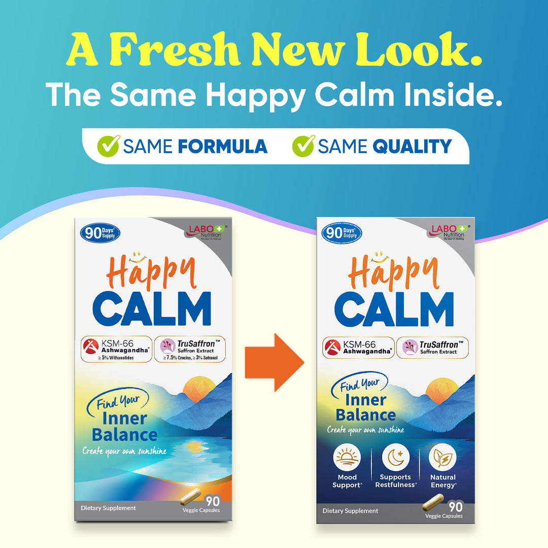 LABO Nutrition HappyCalm Stress &amp; Sleep Support Supplement – KSM-66 Ashwagandha, Saffron Extract &amp; Black Pepper, 90 Vegan Capsules
