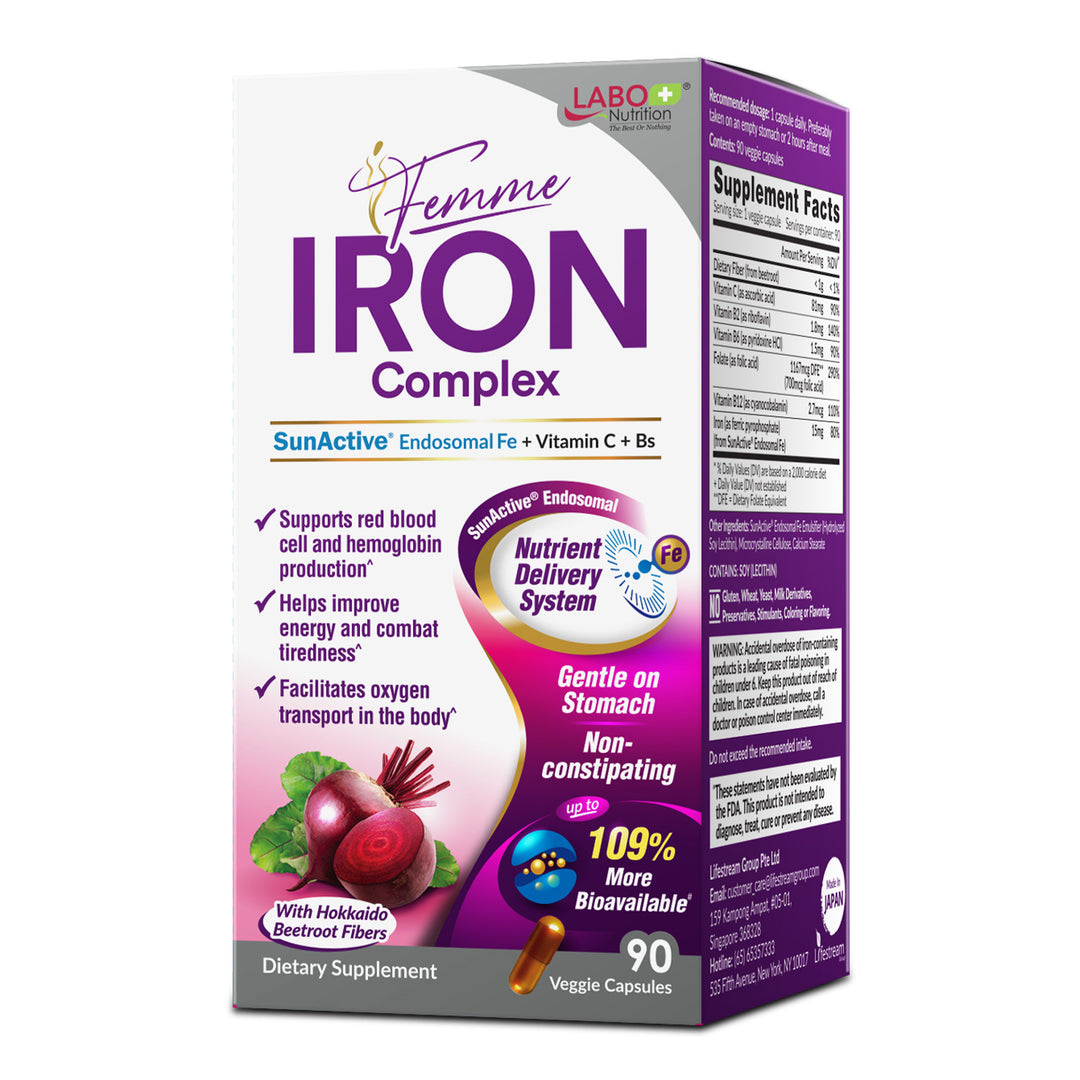 LABO Nutrition Femme Iron Endosomal SunActive, Non-Irritating 15mg Iron Supplement for Blood Builder, Vegan, Gentle, No Metallic Aftertaste, Non Constipating, Ideal for Sensitive Stomachs, 90 Count - Lifestream Group US