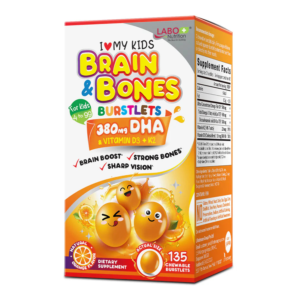 LABO Nutrition I ♥ My Kids Brain & Bones Chewable Burstlet, Orange - 76% Ultra-concentrated rTG Form Omega 3 DHA Fish Oil, Vitamin D3 & K2 for Brain