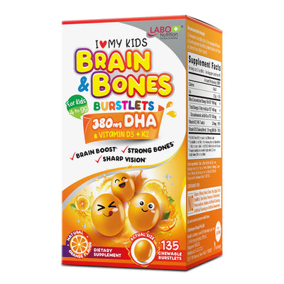 LABO Nutrition I ♥ My Kids Brain & Bones Chewable Burstlet, Orange - 76% Ultra-concentrated rTG Form Omega 3 DHA Fish Oil, Vitamin D3 & K2 for Brain