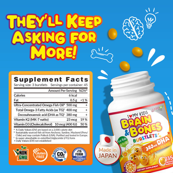 LABO Nutrition I ♥ My Kids Brain &amp; Bones Chewable Burstlet, Orange - 76% Ultra-concentrated rTG Form Omega 3 DHA Fish Oil, Vitamin D3 &amp; K2 for Brain - Lifestream Group US