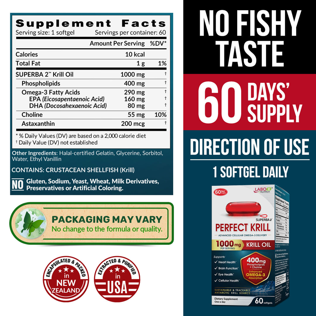 LABO Nutrition Perfect Krill – 1000 mg Antarctic Krill Oil Omega-3 with EPA, DHA, Phospholipids, Choline &amp; Astaxanthin, 60 Softgels