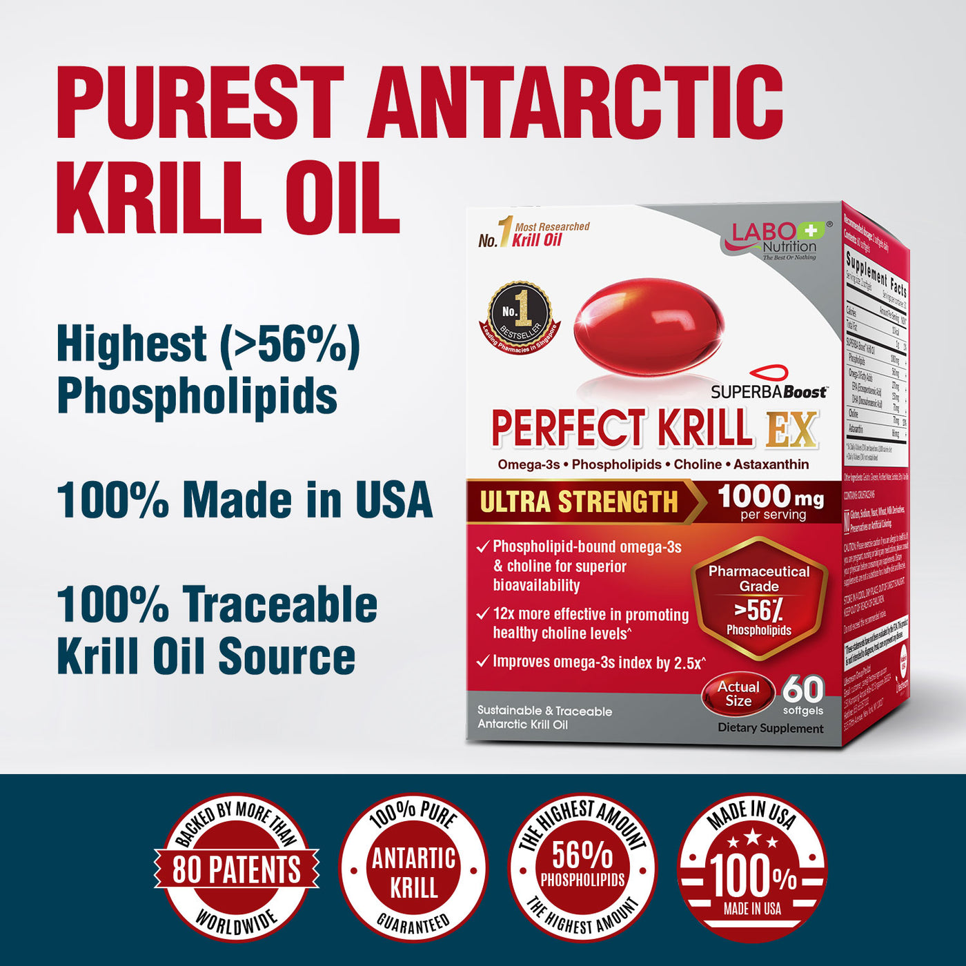 LABO Nutrition Perfect Krill EX, Purest Antarctic Krill Oil, Highest Phospholipids (>56%), with Choline & Astaxanthin, Omega 3, Heart & Joint Support