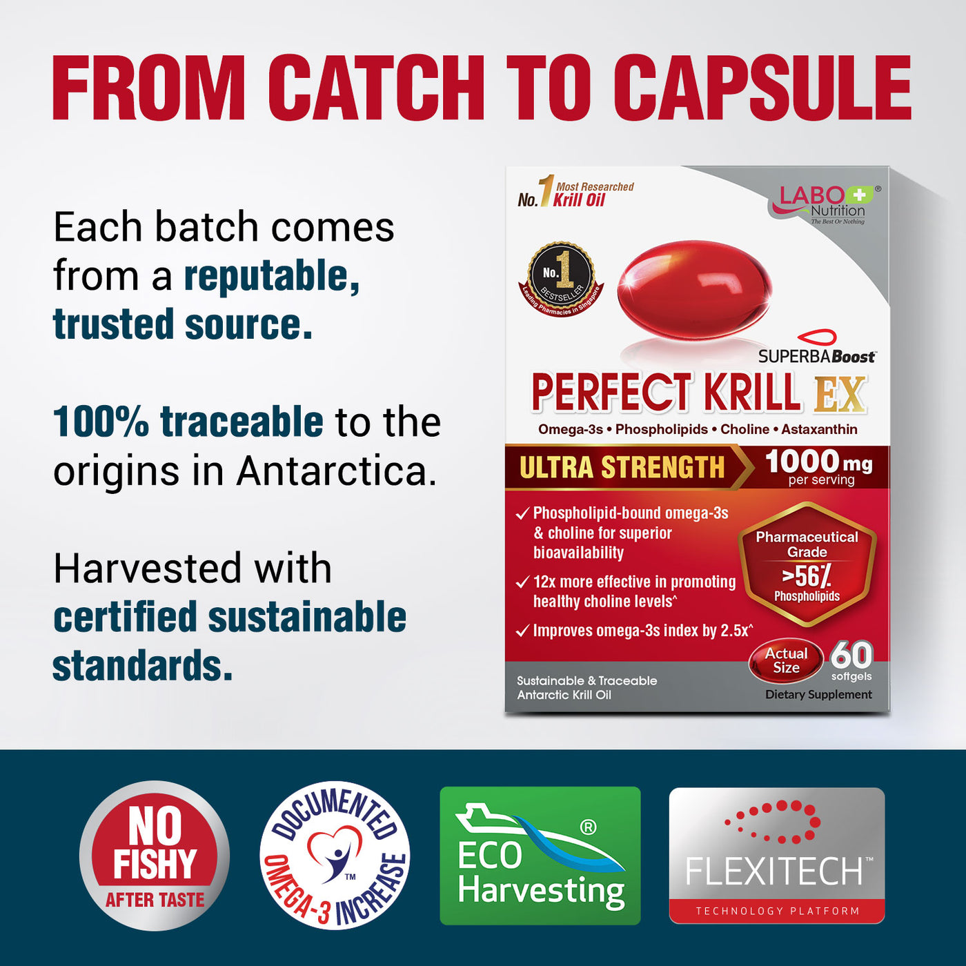 LABO Nutrition Perfect Krill EX, Purest Antarctic Krill Oil, Highest Phospholipids (>56%), with Choline & Astaxanthin, Omega 3, Heart & Joint Support