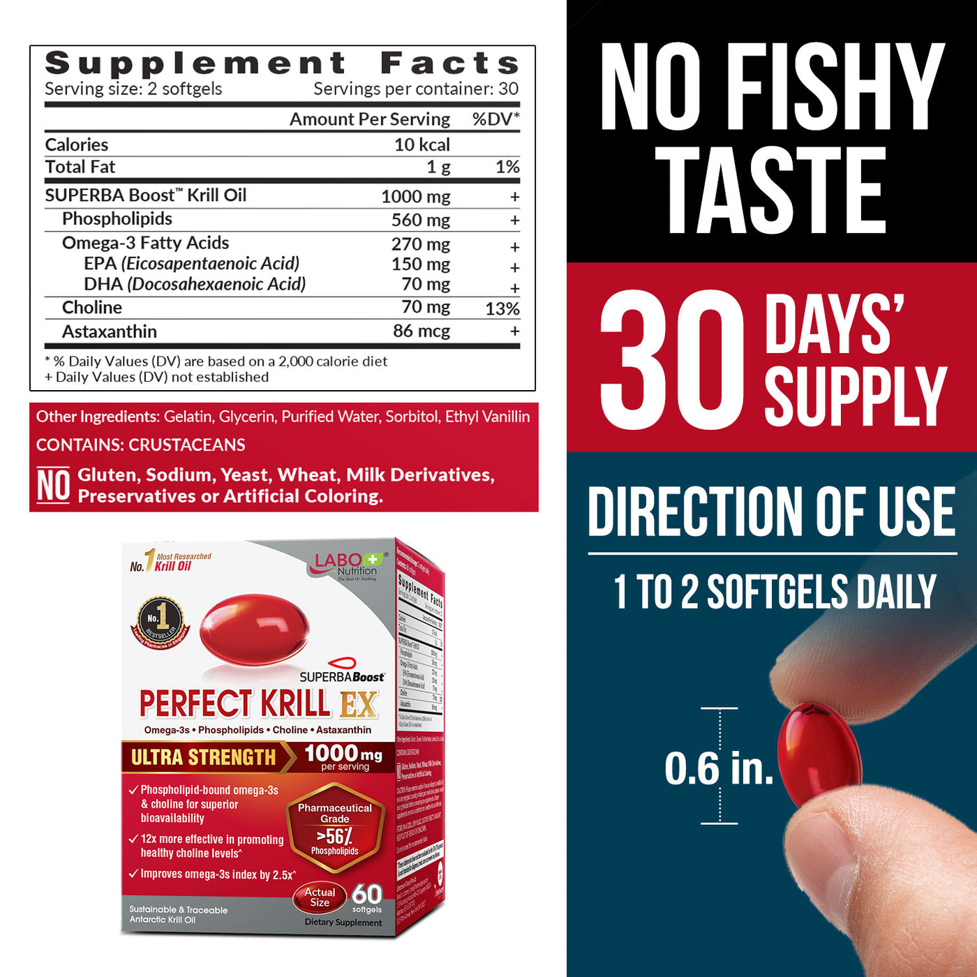 LABO Nutrition Perfect Krill EX, Purest Antarctic Krill Oil, Highest Phospholipids (>56%), with Choline & Astaxanthin, Omega 3, Heart & Joint Support