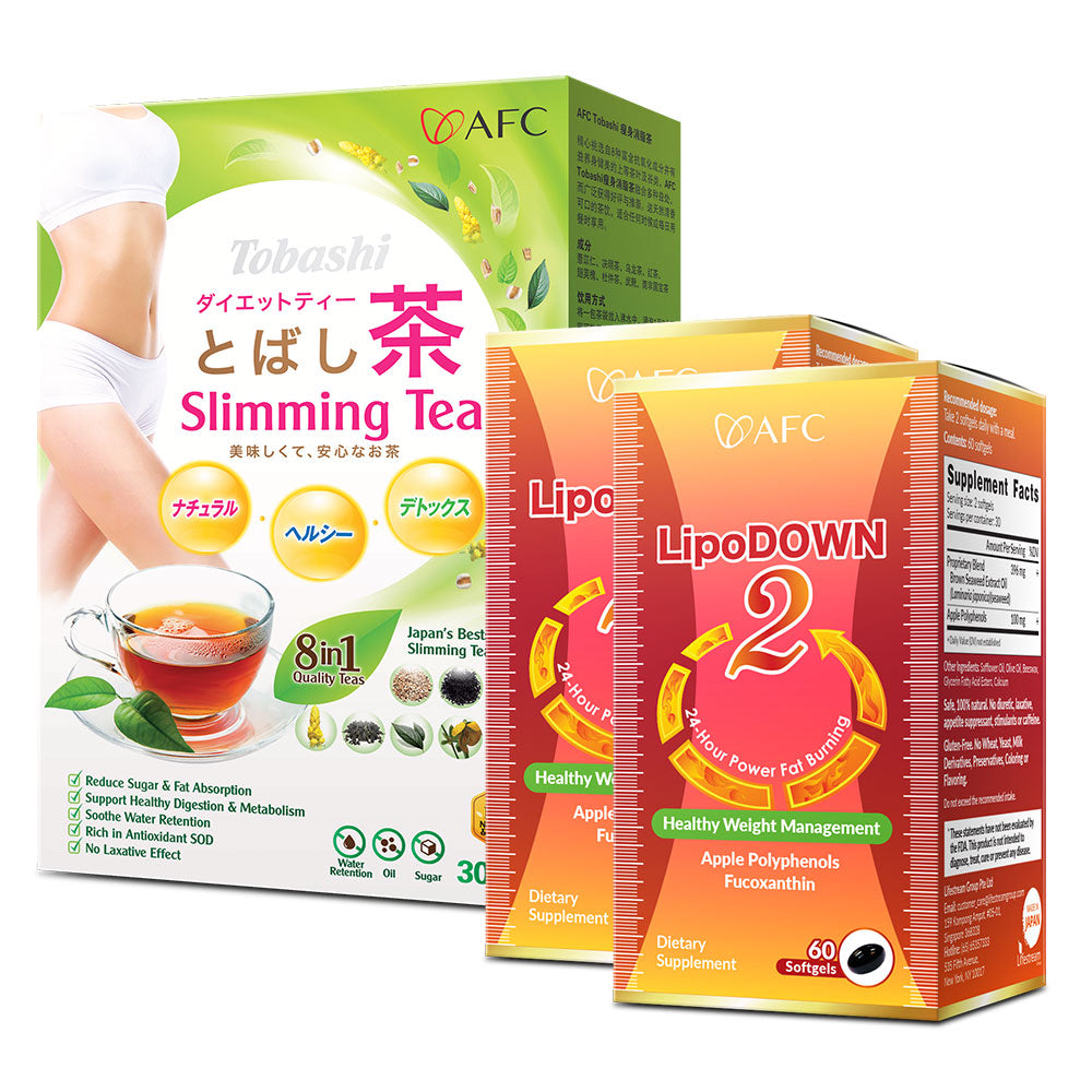 LipoDOWN 2 60s X2 + Tobashi Slimming Tea 燃烧脂肪 减肥 内脏脂肪 水肿/便秘 无需运动节食 Weight Loss Natural Fat Burner Boost Metabolism - Lifestream Group US