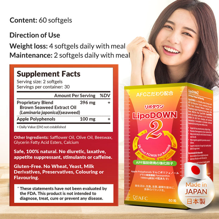 AFC LipoDOWN 2燃烧脂肪 懒人减肥 内脏脂肪 水肿/便秘 无需运动节食 Weight Loss Slimming Natural Fat Burner Boost Metabolism Appetite Control - Lifestream Group US
