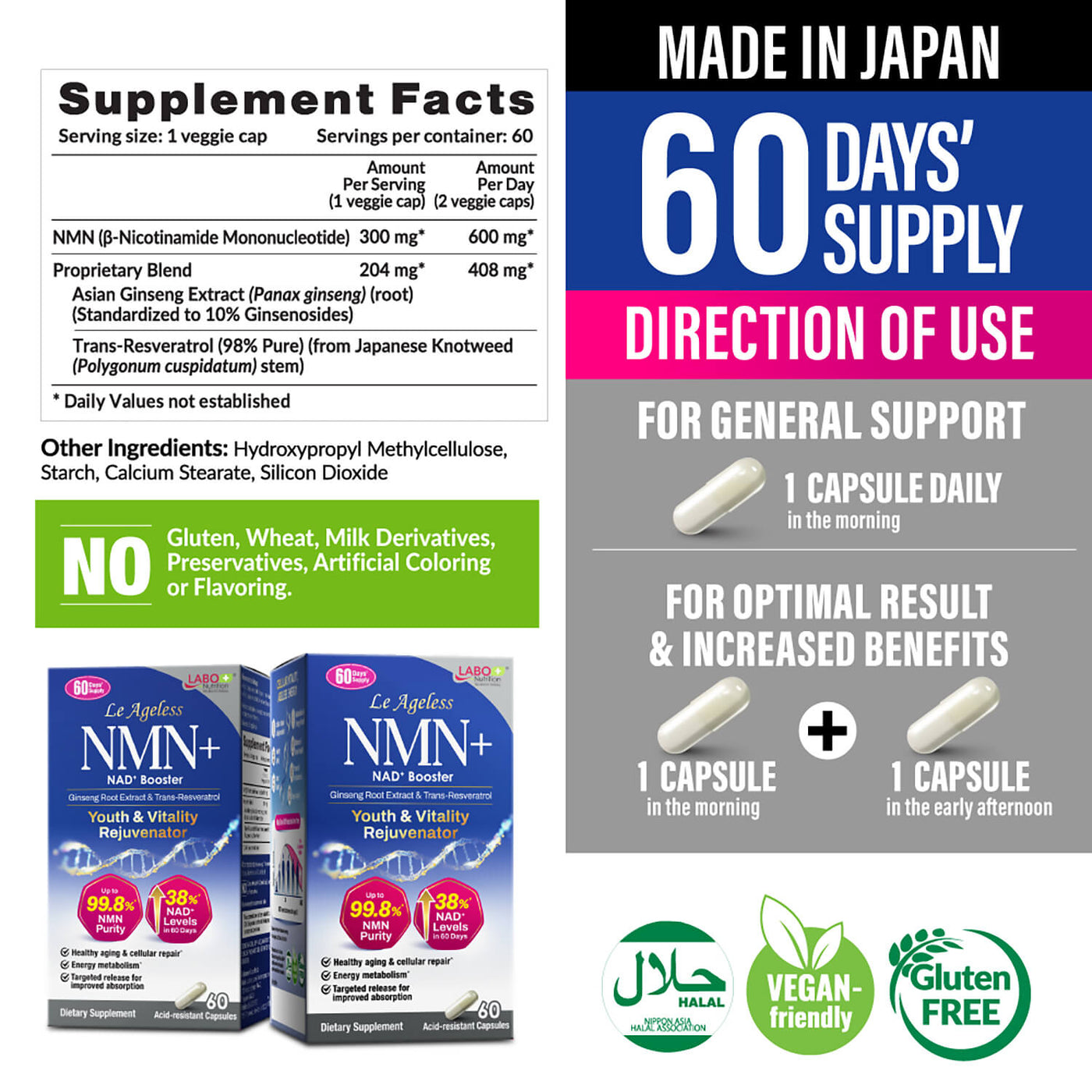 LABO Nutrition Le Ageless NMN+ with NAD+ Boosters for Anti Aging Vitality Energy Metabolism Brain Heart Sleep 60 capsules