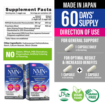 LABO Nutrition Le Ageless NMN+ with NAD+ Boosters for Anti Aging Vitality Energy Metabolism Brain Heart Sleep 60 capsules