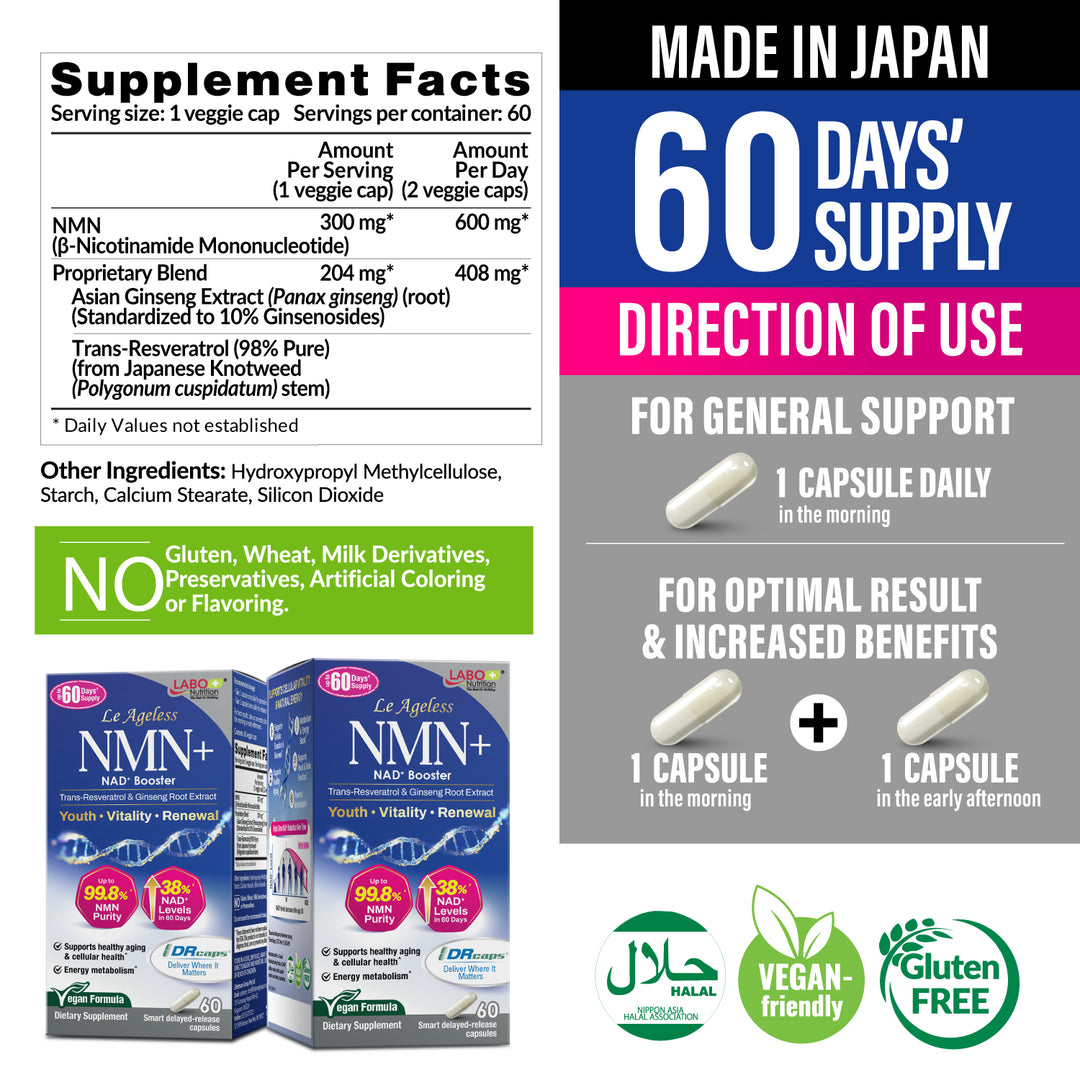 LABO Nutrition Le Ageless NMN+ with NAD+ Boosters for Anti Aging Vitality Energy Metabolism Brain Heart Sleep 60 capsules - Lifestream Group US