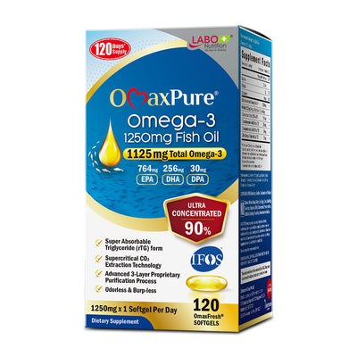 LABO Nutrition OmaxPure Omega 3 Fish Oil, Highest 90% EPA DHA Odorless IFOS Certified for Heart Joint Brain Immune Health