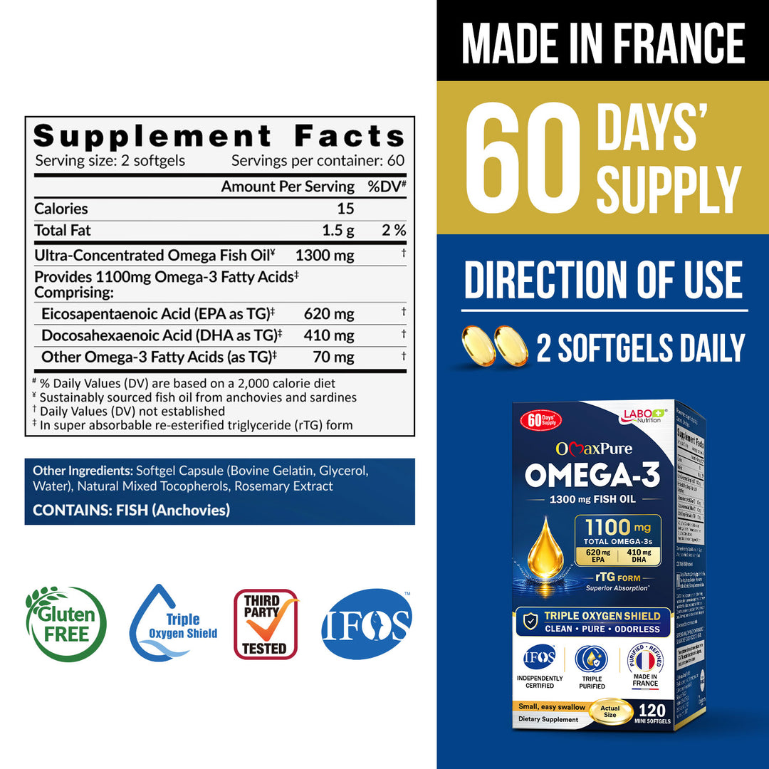 LABO Nutrition OmaxPure Omega 3 Fish Oil, Highest 90% EPA DHA Odorless IFOS Certified for Heart Joint Brain Immune Health - Lifestream Group US