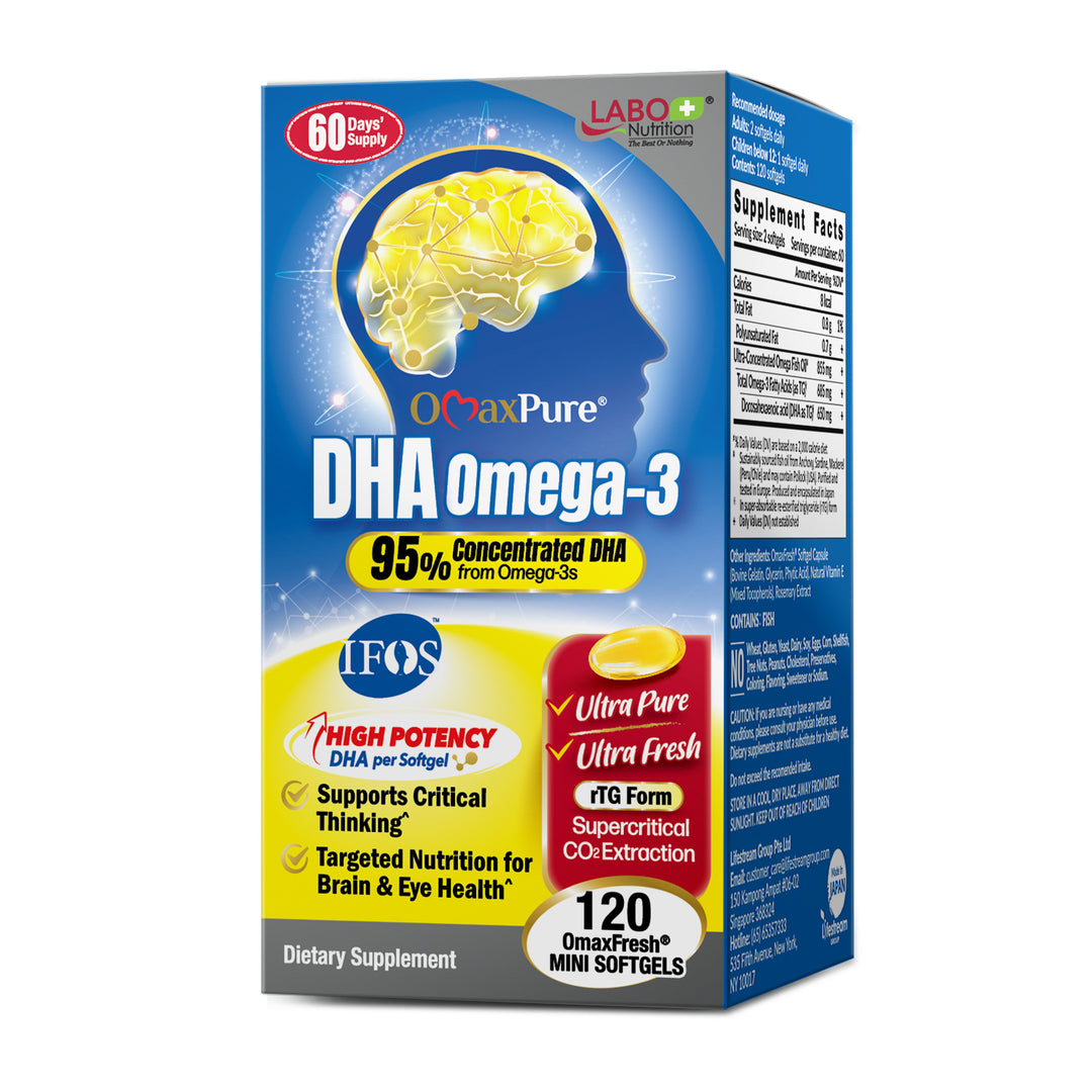 LABO Nutrition OmaxPure Omega 3 DHA for Smarter Brain IQ Memory Focus Thinking Learning & Vision Support - Lifestream Group US