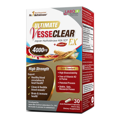 LABO Nutrition Ultimate VesseCLEAR EX Nattokinase NSK-SD 4000FU & Elastin F, Vessel Circulation & Brain Health Support, Japanese Supplement Shelf Stable Acid Resistant DRCaps Delayed Release Capsules - Lifestream Group US