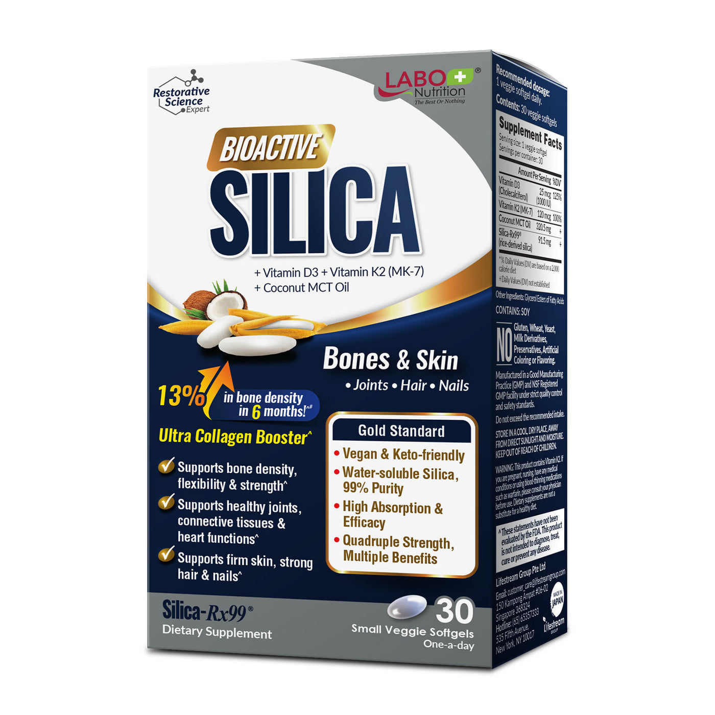 LABO Nutrition Bioactive Silica – For Hair, Skin, Nails, Collagen Formation, Joint & Bone Strength – Support Bone Health & Collagen Booster– 99% Purity Rice-Derived Silica Supplement, 30 Vegan Softgel - Lifestream Group US