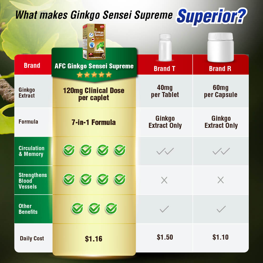 AFC Ginkgo Sensei Supreme Ginkgo Biloba Extract—Brain Memory Blood Circulation Cold Hands Feet - Lifestream Group US