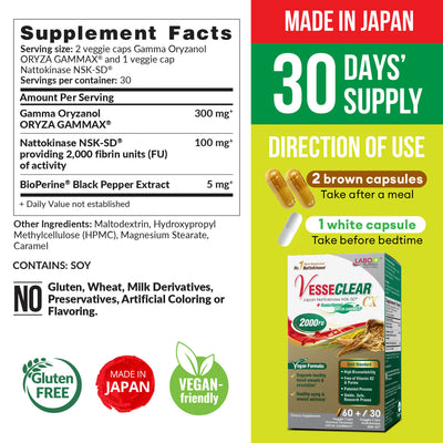 LABO Nutrition VesseCLEAR CX确保通CX：纳豆激酶 NSK-SD + 谷维素，用于清通血管和辅助健康老化，日本最经临床研究，支持健康胆固醇、心血管、素食
