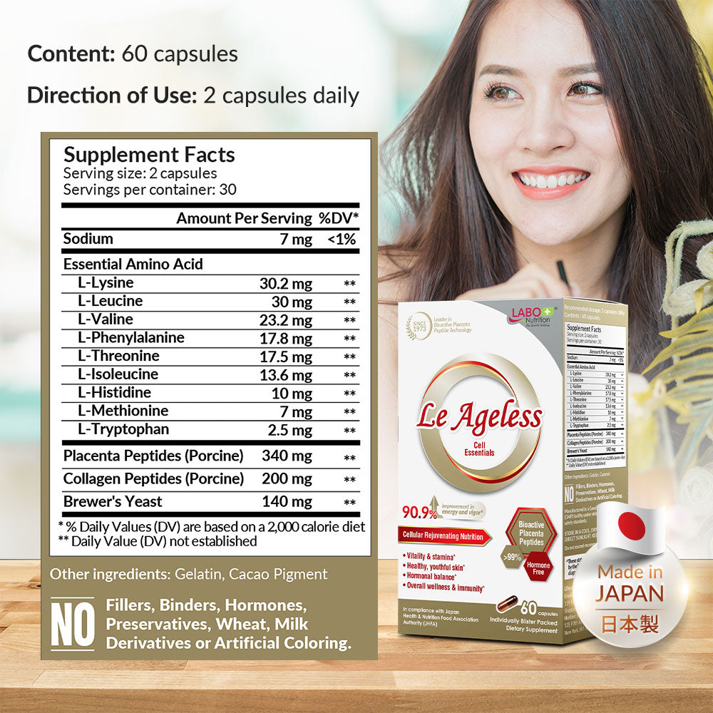 LABO Nutrition Le Ageless – 胎盘细胞再生疗法 – 添加胶原蛋白肽和啤酒酵母以支持免疫健康