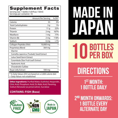 AFC Japan Tsubaki Ageless Beauty Collagen Drink with 10,000mg Marine Collagen Peptides + 500mg Royal Jelly + Hyaluronic Acid for Skin Revitalization - Lifestream Group US