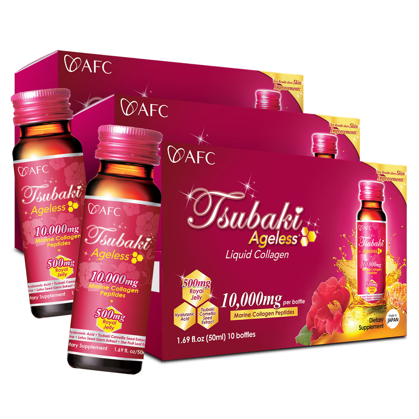 AFC Japan Tsubaki Ageless Beauty Collagen Drink with 10,000mg Marine Collagen Peptides + 500mg Royal Jelly + Hyaluronic Acid for Skin Revitalization - Lifestream Group US