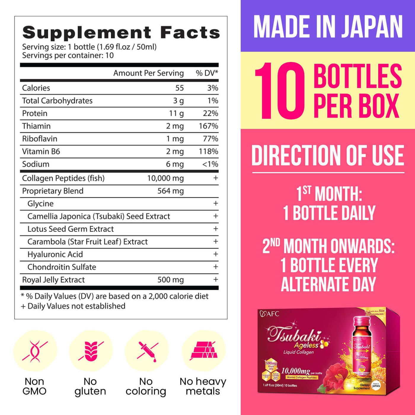 AFC Tsubaki Ageless Collagen Drink+Royal Jelly for Anti Aging Hydrating & Refines Pores