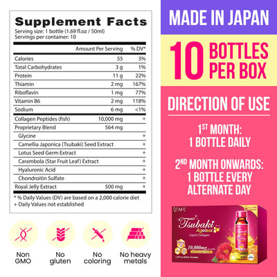 AFC Tsubaki Ageless Collagen Drink+Royal Jelly for Anti Aging Hydrating & Refines Pores