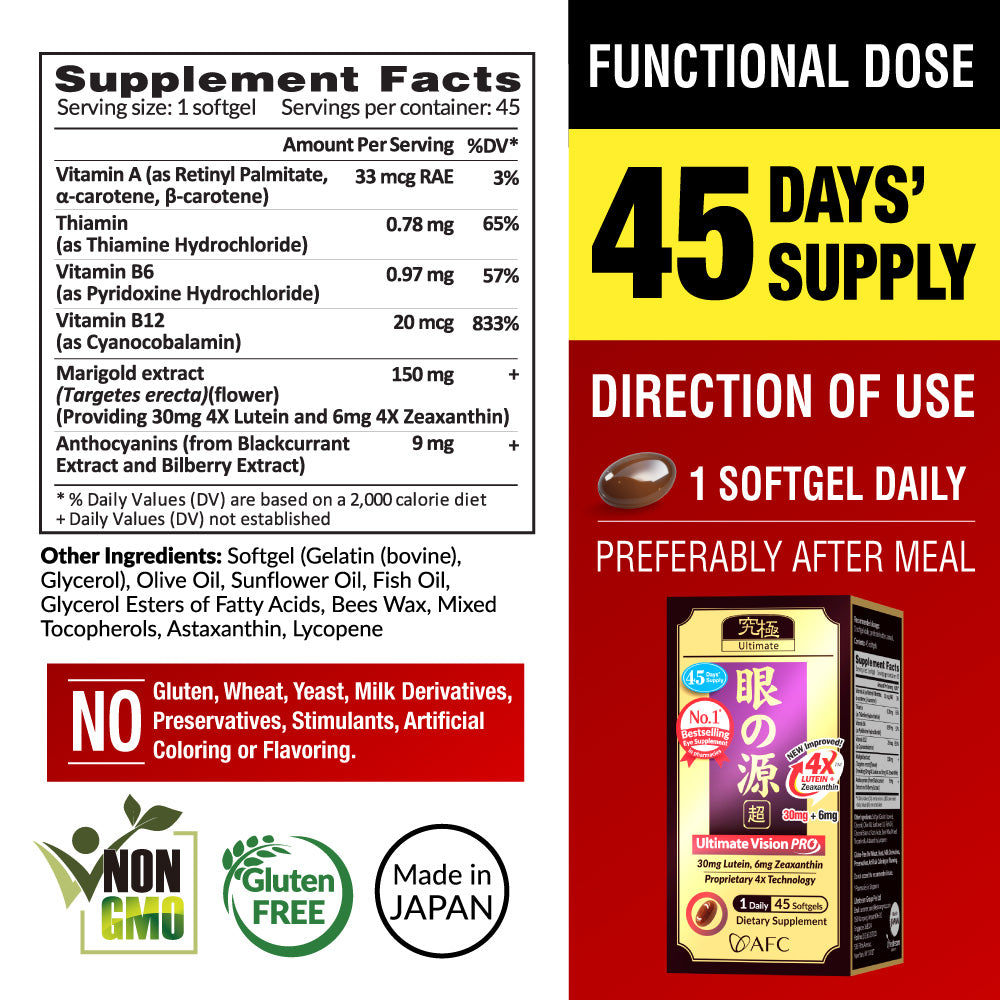 AFC Japan Ultimate Vision PRO – Improved, Up-Sized Formula - Support Vitamins for Eye Health with Lutein, Zeaxanthin 4X, Bilberry – Nutrients for Blurry Sight, Dry Eyes, Macular Health & Sharp Focus, 45 Softgels - Lifestream Group US
