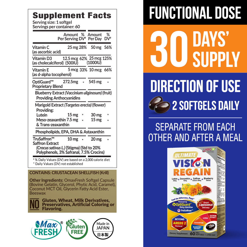 LABO Nutrition Ultimate VisionREGAIN, Eye Vitamin Beyond AREDS 2 Formula with Lutein, Zeaxanthin, Saffron Extract, Blueberry for Macular and Retinal Health, Eye Fatigue, Night Vision Support 60 Counts - Lifestream Group US