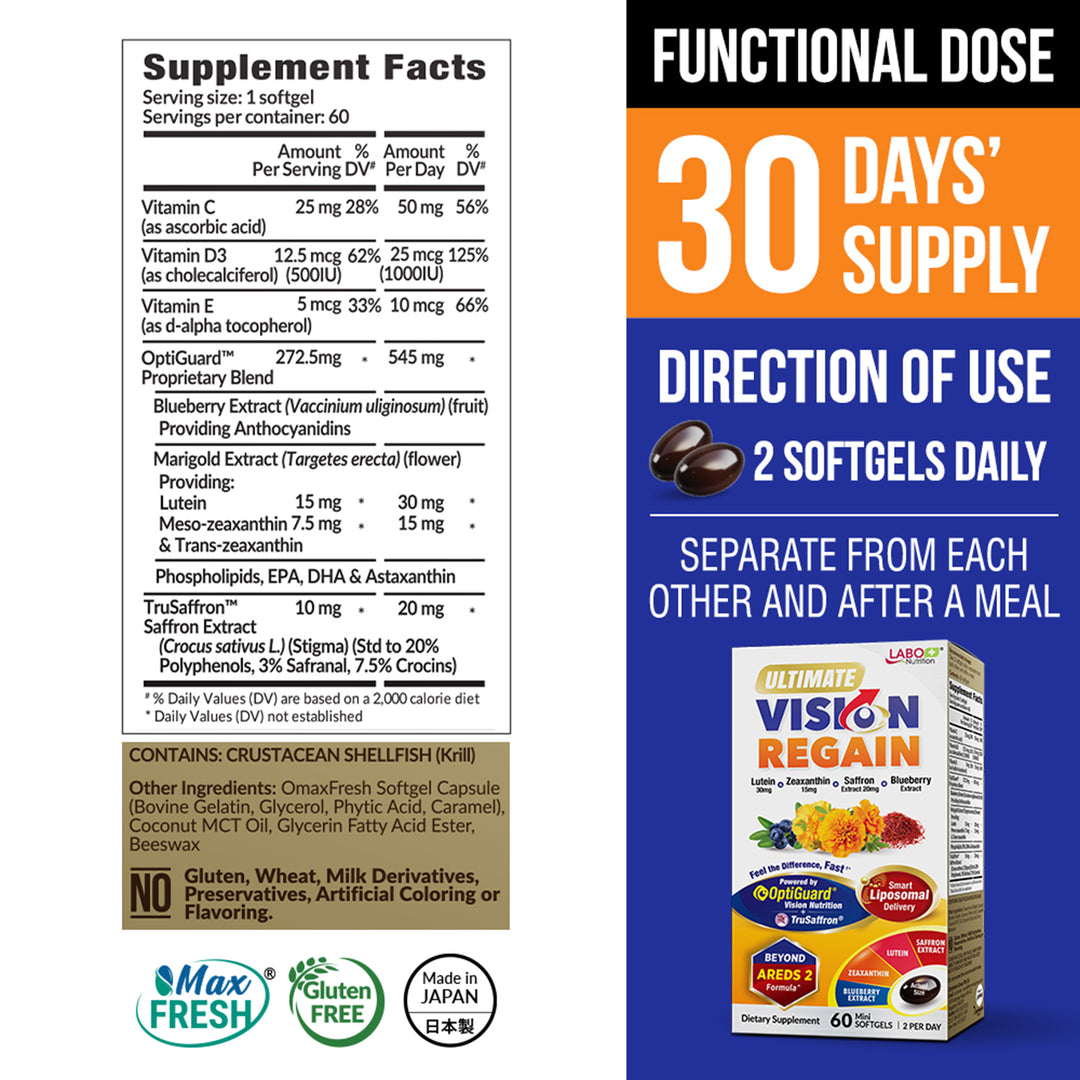 LABO Nutrition Ultimate VisionREGAIN Vision Support Supplement – Beyond AREDS2 Eye Vitamins with Lutein, Zeaxanthin, Saffron &amp; Blueberry, 60 Softgels - Lifestream Group US